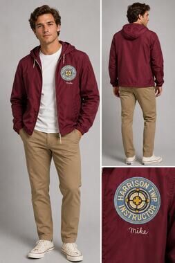 Vintage Hooded Windbreaker Jacket Harrison Twp Instructor Mike Burgundy Mens M